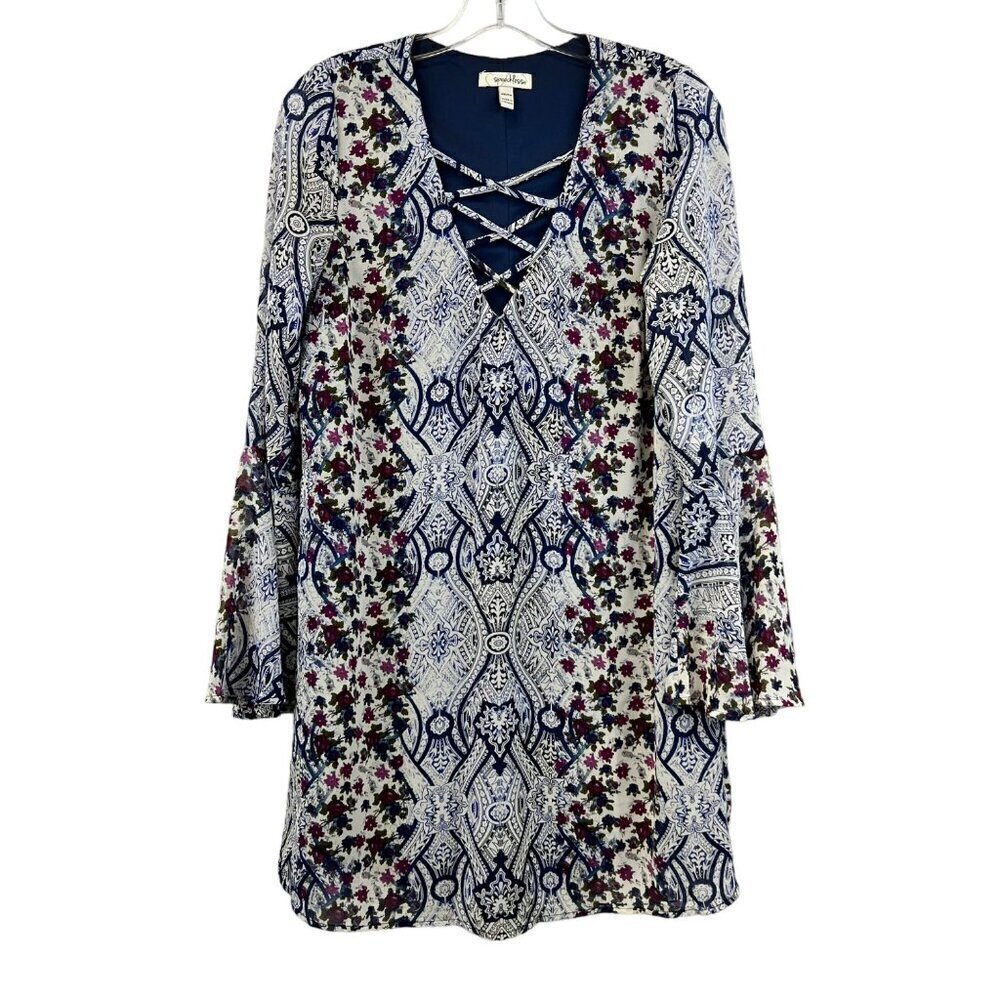 Speechless V-Neck Long Bell Sleeve Mixed Print Shift Dress Above Knee M